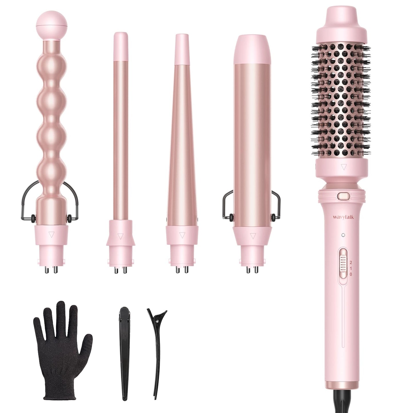 Wavytalk 5 in 1 Curling Wand Set, Multi Curl, Curling Wand Set with Curling Brush and 4 Interchangeable Ceramic Curling Wand(0.5”-1.25”), Instant Heat Up Wand Curling Iron (Rose Gold)