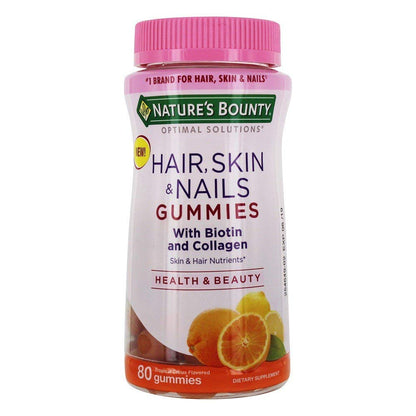 Nature's Bounty Optimal Solutions Hair, Skin & Nails with Biotin and Collagen, Citrus-Flavored Gummies Vitamin Supplement, 2500 mcg, 80 Ct