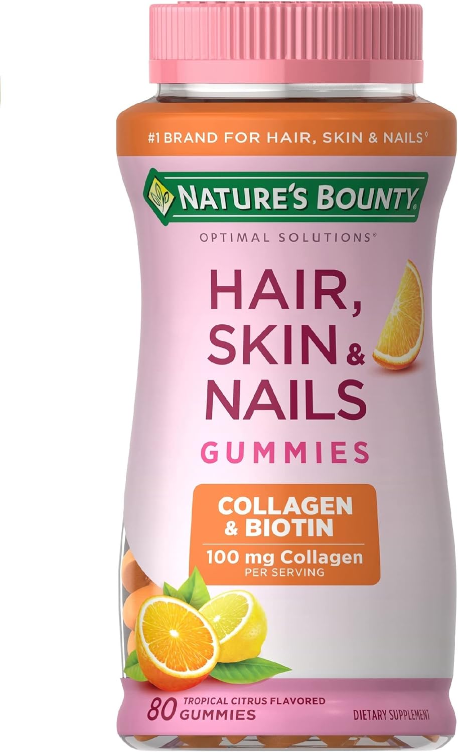 Nature's Bounty Optimal Solutions Hair, Skin & Nails with Biotin and Collagen, Citrus-Flavored Gummies Vitamin Supplement, 2500 mcg, 80 Ct