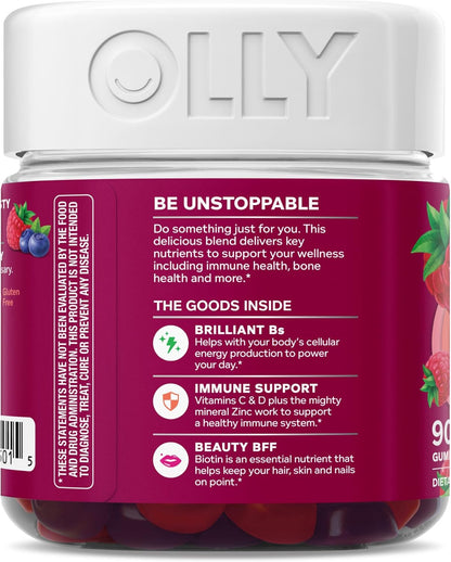 OLLY Women's Multivitamin Gummy, Vitamins A, D, C, E, Biotin, Folic Acid, Adult Chewable Vitamin, Berry Flavor, 45 Day Supply - 90 Count