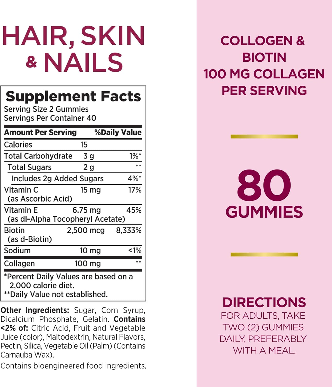 Nature's Bounty Optimal Solutions Hair, Skin & Nails with Biotin and Collagen, Citrus-Flavored Gummies Vitamin Supplement, 2500 mcg, 80 Ct