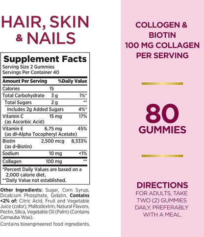 Nature's Bounty Optimal Solutions Hair, Skin & Nails with Biotin and Collagen, Citrus-Flavored Gummies Vitamin Supplement, 2500 mcg, 80 Ct