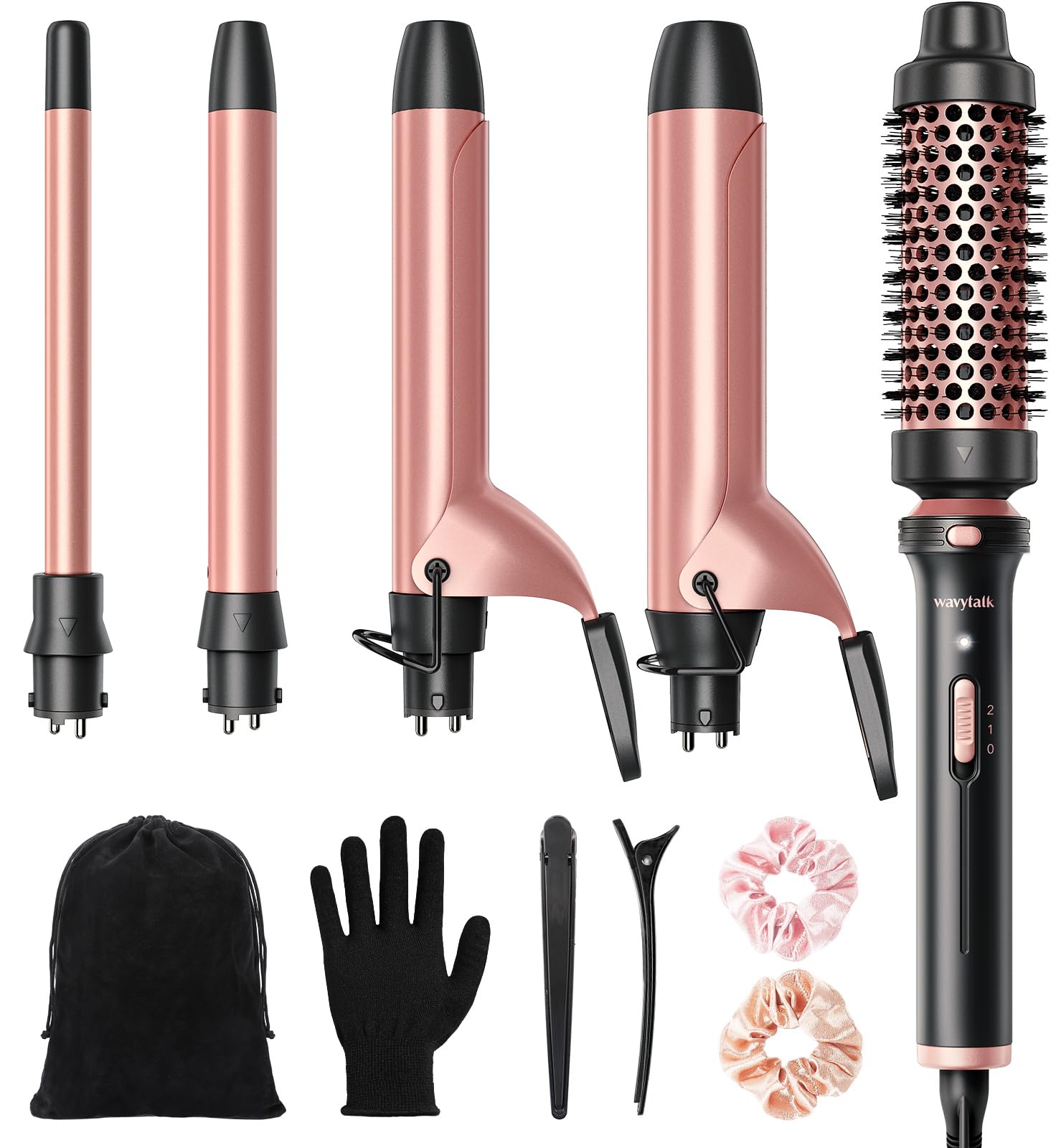 Wavytalk 5 in 1 Curling Wand Set, Multi Curl, Curling Wand Set with Curling Brush and 4 Interchangeable Ceramic Curling Wand(0.5”-1.25”), Instant Heat Up Wand Curling Iron (Rose Gold)