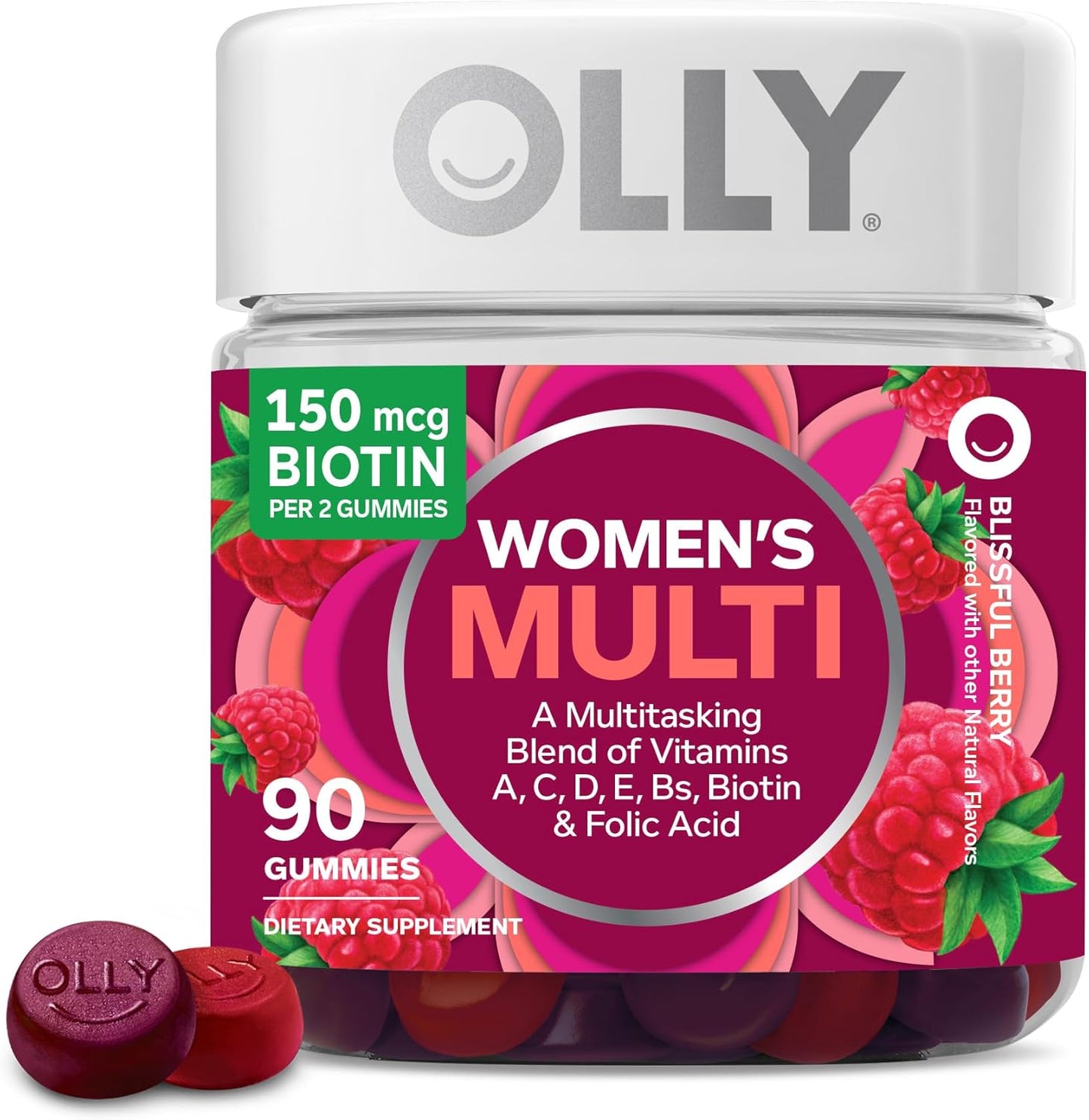 OLLY Women's Multivitamin Gummy, Vitamins A, D, C, E, Biotin, Folic Acid, Adult Chewable Vitamin, Berry Flavor, 45 Day Supply - 90 Count