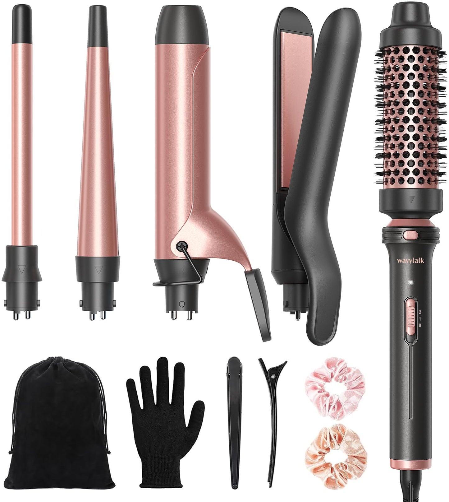 Wavytalk 5 in 1 Curling Wand Set, Multi Curl, Curling Wand Set with Curling Brush and 4 Interchangeable Ceramic Curling Wand(0.5”-1.25”), Instant Heat Up Wand Curling Iron (Rose Gold)