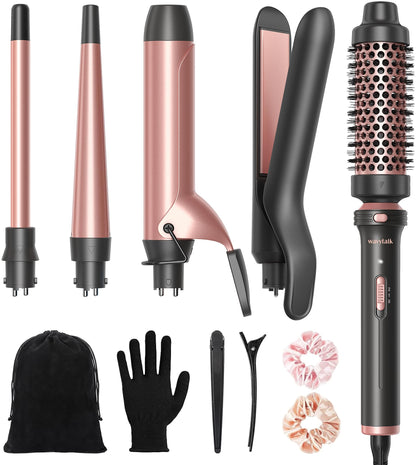 Wavytalk 5 in 1 Curling Wand Set, Multi Curl, Curling Wand Set with Curling Brush and 4 Interchangeable Ceramic Curling Wand(0.5”-1.25”), Instant Heat Up Wand Curling Iron (Rose Gold)