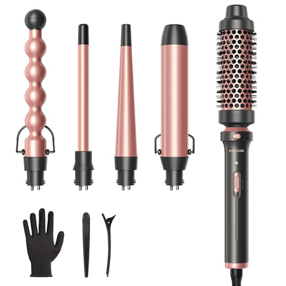 Wavytalk 5 in 1 Curling Wand Set, Multi Curl, Curling Wand Set with Curling Brush and 4 Interchangeable Ceramic Curling Wand(0.5”-1.25”), Instant Heat Up Wand Curling Iron (Rose Gold)