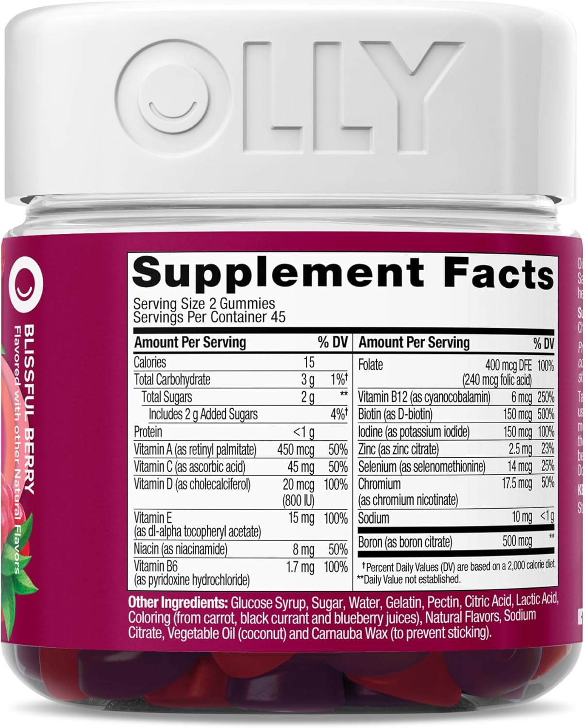 OLLY Women's Multivitamin Gummy, Vitamins A, D, C, E, Biotin, Folic Acid, Adult Chewable Vitamin, Berry Flavor, 45 Day Supply - 90 Count