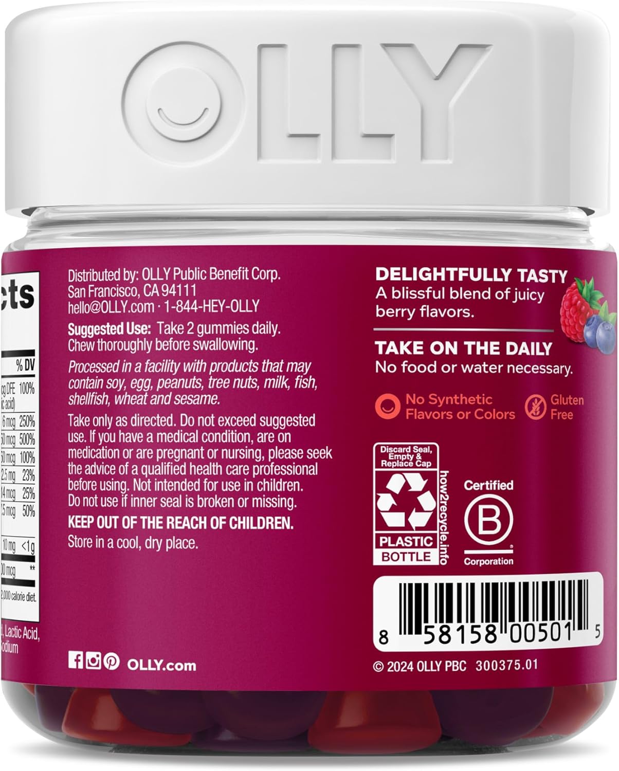 OLLY Women's Multivitamin Gummy, Vitamins A, D, C, E, Biotin, Folic Acid, Adult Chewable Vitamin, Berry Flavor, 45 Day Supply - 90 Count