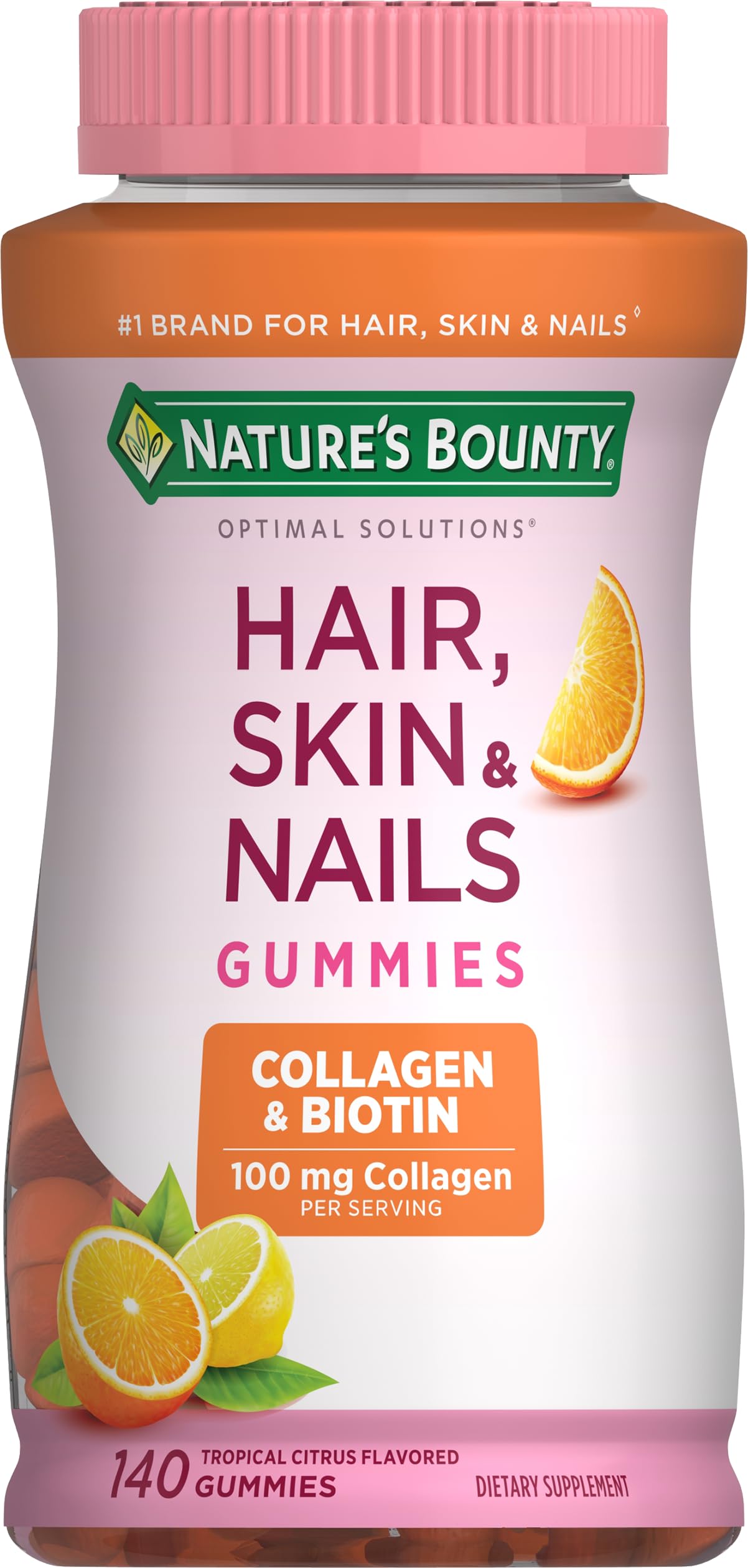 Nature's Bounty Optimal Solutions Hair, Skin & Nails with Biotin and Collagen, Citrus-Flavored Gummies Vitamin Supplement, 2500 mcg, 80 Ct