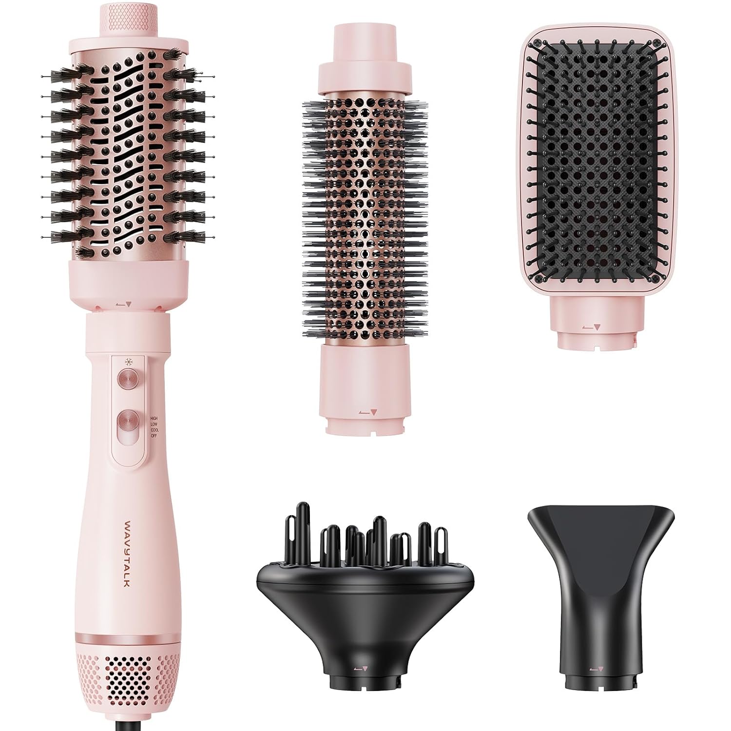 Wavytalk Hair Dryer Brush Set, 5-in-1 Blow Dryer Brush with Oval Blowout Brush, Blowout Thermal Brush, Paddle Brush, Concentrator and Diffuser for Fast Drying and Styling in One Step, Pink