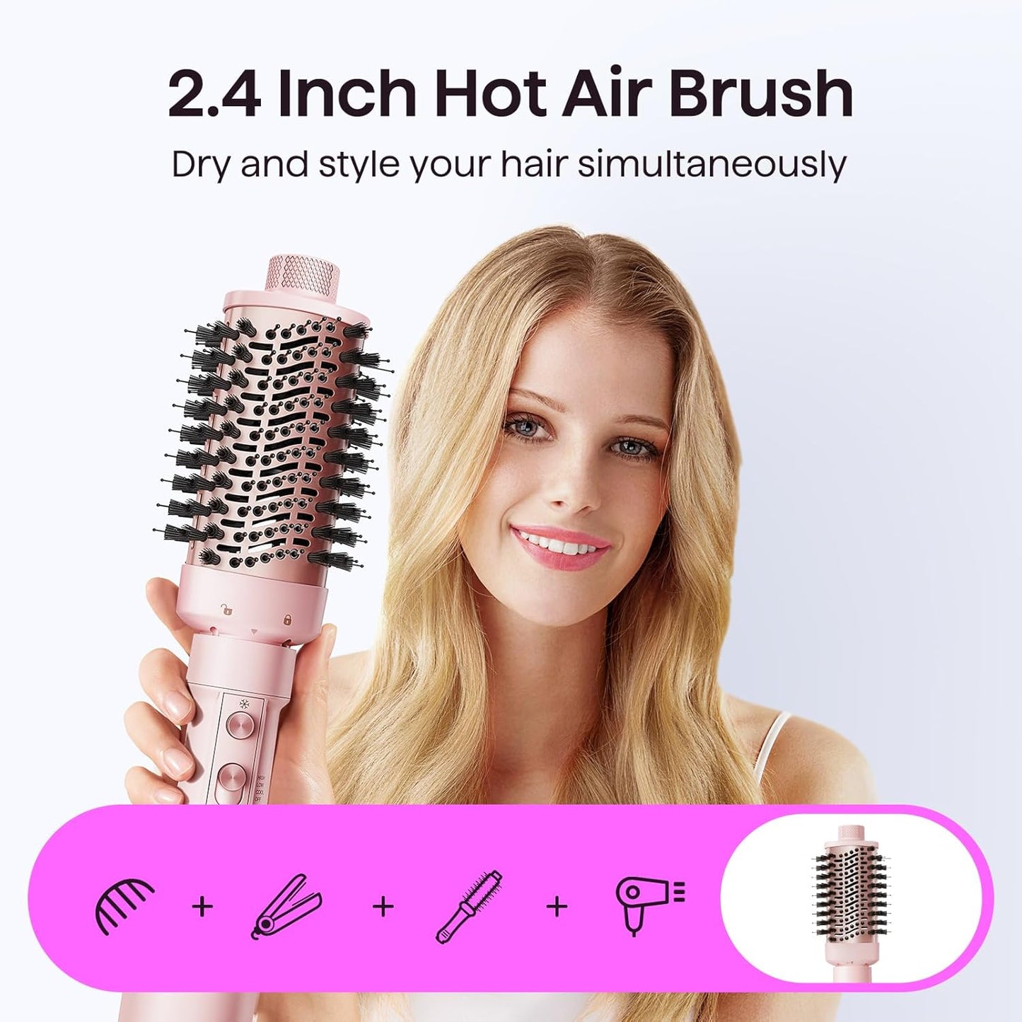 Wavytalk Hair Dryer Brush Set, 5-in-1 Blow Dryer Brush with Oval Blowout Brush, Blowout Thermal Brush, Paddle Brush, Concentrator and Diffuser for Fast Drying and Styling in One Step, Pink