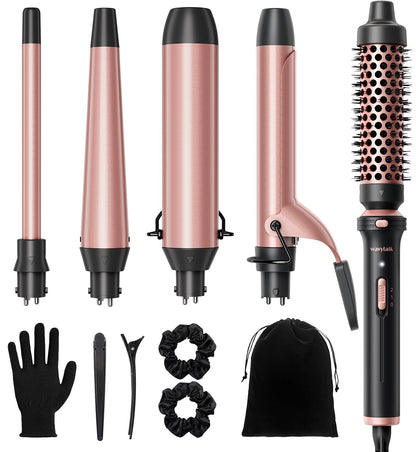 Wavytalk 5 in 1 Curling Wand Set, Multi Curl, Curling Wand Set with Curling Brush and 4 Interchangeable Ceramic Curling Wand(0.5”-1.25”), Instant Heat Up Wand Curling Iron (Rose Gold)