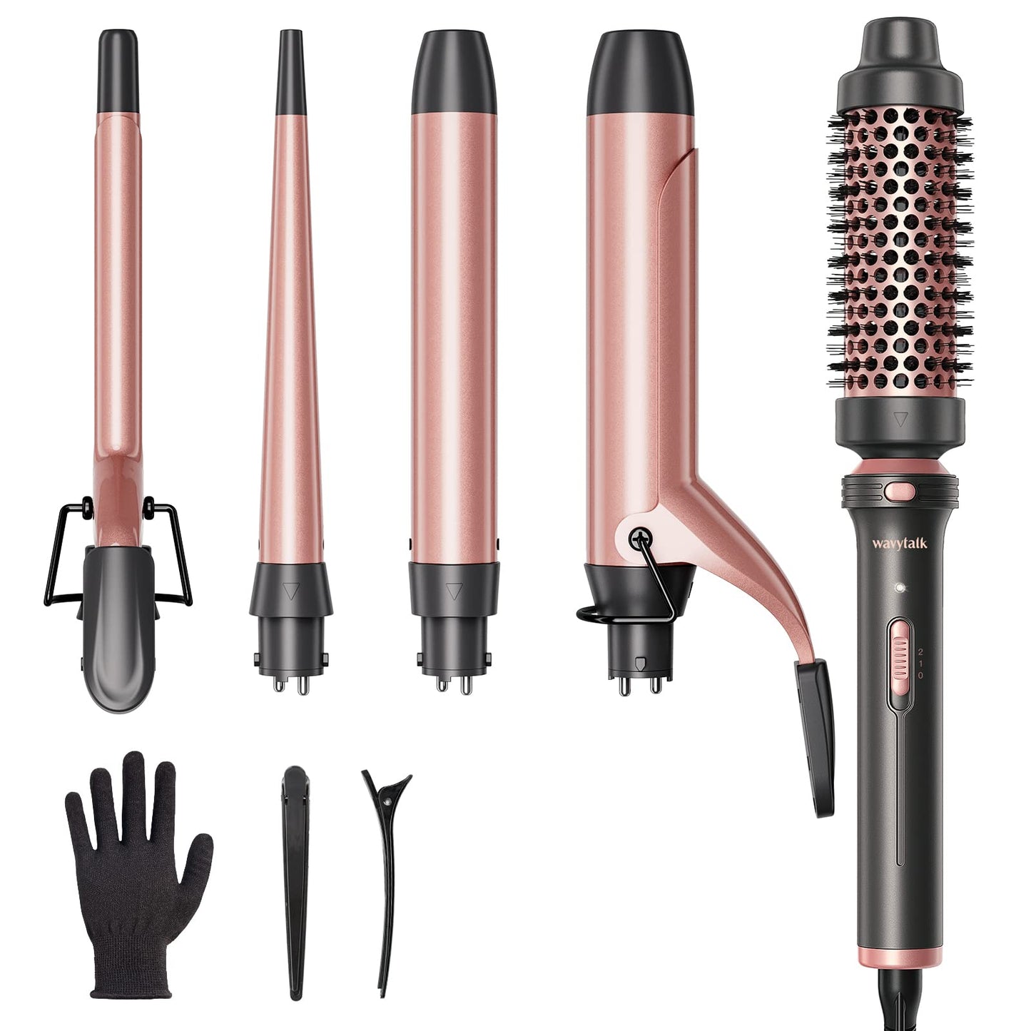 Wavytalk 5 in 1 Curling Wand Set, Multi Curl, Curling Wand Set with Curling Brush and 4 Interchangeable Ceramic Curling Wand(0.5”-1.25”), Instant Heat Up Wand Curling Iron (Rose Gold)