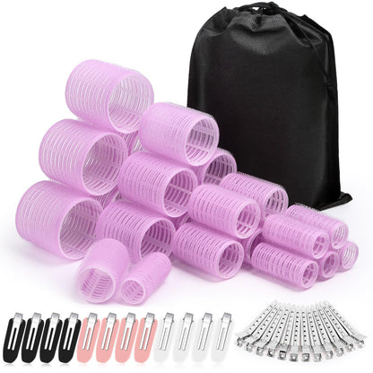 Hair Curlers Set with 24 Rollers (6 Jumbo, 6 Large, 6 Medium, 6 Small) and 24 Clips for All Hair Lengths (Black)