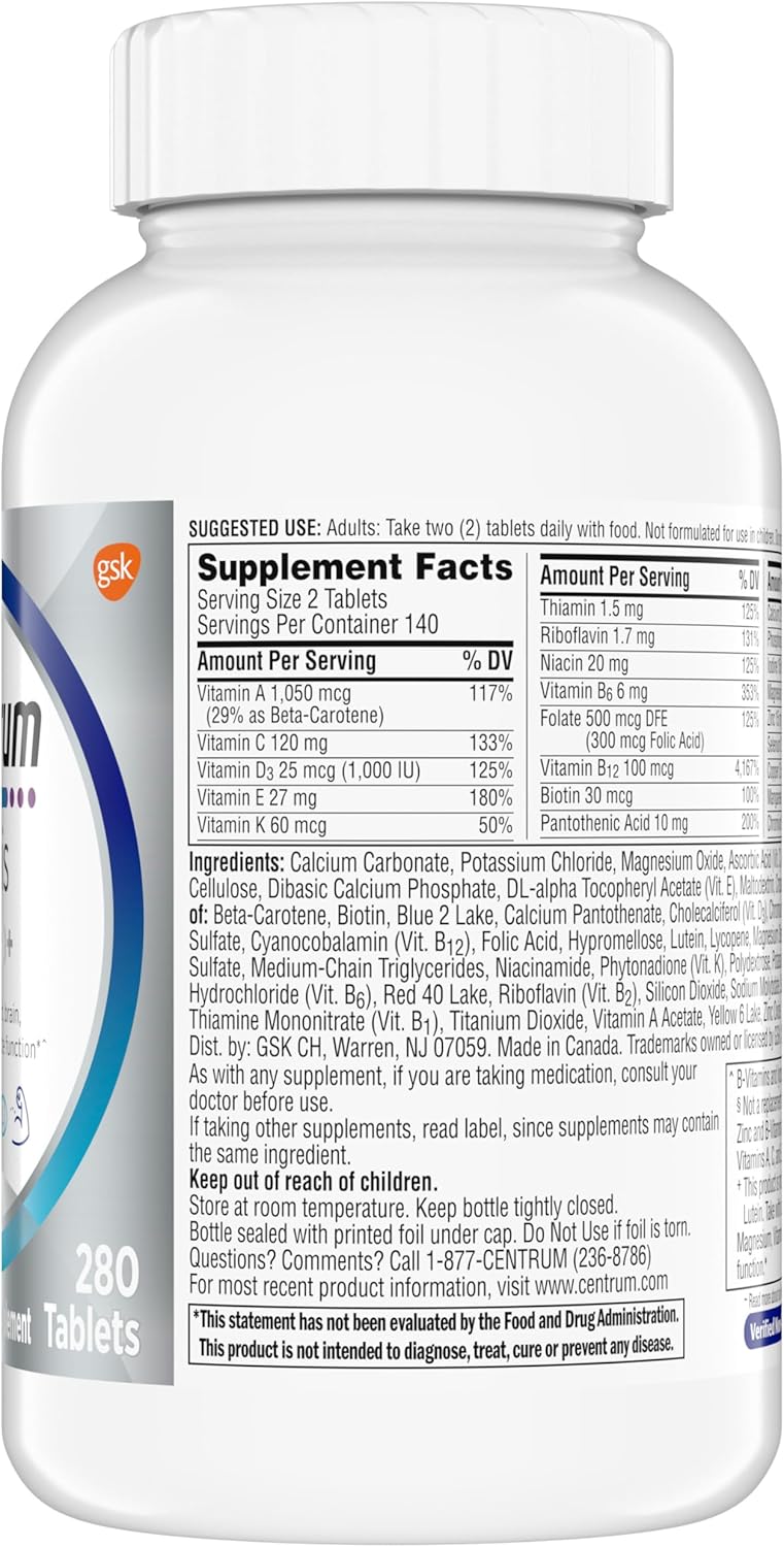 Centrum Minis Silver Multivitamin for Men 50 Plus, Multivitamin/Multimineral Supplement, Vitamin D3, B-Vitamins and Zinc, Non-GMO Ingredients, Supports Memory and Cognition in Older Adults - 280 Ct