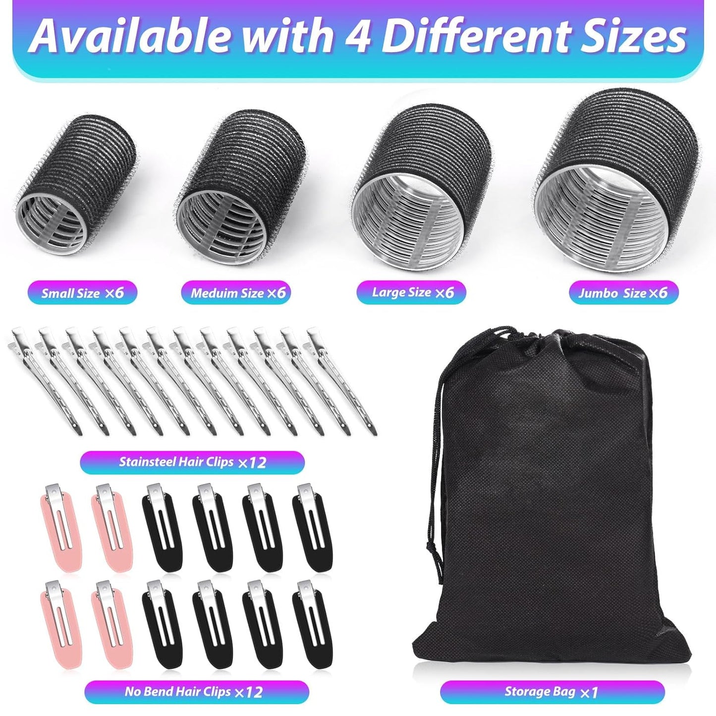 Hair Curlers Set with 24 Rollers (6 Jumbo, 6 Large, 6 Medium, 6 Small) and 24 Clips for All Hair Lengths (Black)