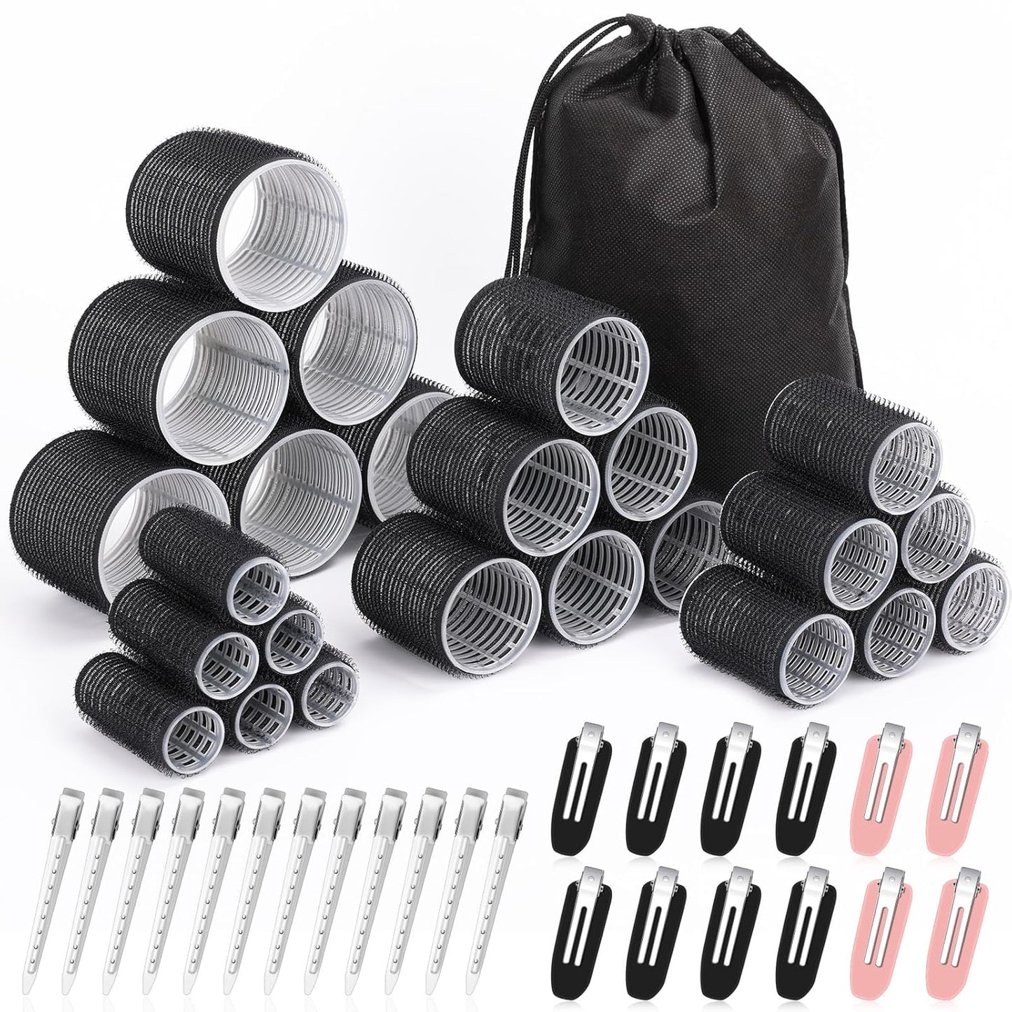 Hair Curlers Set with 24 Rollers (6 Jumbo, 6 Large, 6 Medium, 6 Small) and 24 Clips for All Hair Lengths (Black)