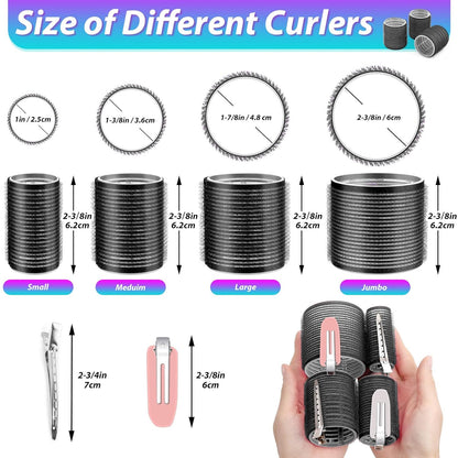 Hair Curlers Set with 24 Rollers (6 Jumbo, 6 Large, 6 Medium, 6 Small) and 24 Clips for All Hair Lengths (Black)